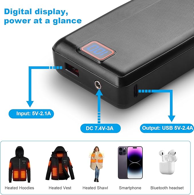 7.4V 20000mAh Rechargeable Power Bank with USB Cable, Fast Charge Battery Packs with LED Display for Heated Jacket, Heated Vest, Heated Hoodie, Heated Socks, Smart Mobile Devices