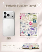 Slohif Passport Wallet Holder Cover for Travel - Women Men RFID Blocking Passport Book Case Protector, Cream Stamp Airplane Leather Personalized Organizer Slim Carrier Boarding Pass Cards Slots