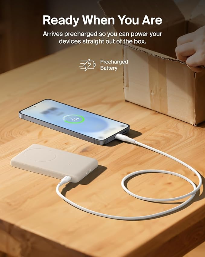 Belkin MagSafe Power Bank 5,000mAh, Ultra-Slim Portable Charger Magnetic Back Supports MagSafe Accessories On-The-Go, Wireless Battery Pack w/USB C Cable for iPhone 17, Pixel 10, Travel - Sand