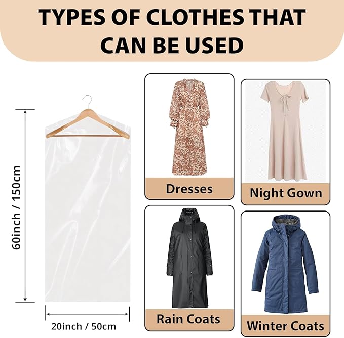 PARTY BARGAINS 60 x 20 Inch Disposable Clear Garment Bags, 100 Pack – Heavy-Duty Plastic Clothes Covers for Suits Dresses Coats, Closet & Travel