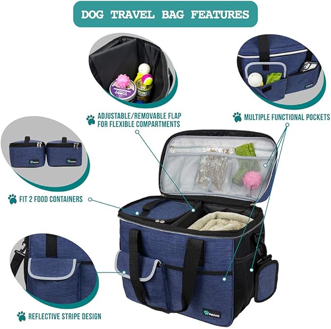 PetAmi Dog Travel Bag, Travel Pet Bag Organizer, Dog Food Travel Bag with Container Collapsible Bowls, Pet Travel Supplies Gift Accessories for Weekend Camping, Puppy Cat Diaper Bag, Navy Blue Medium