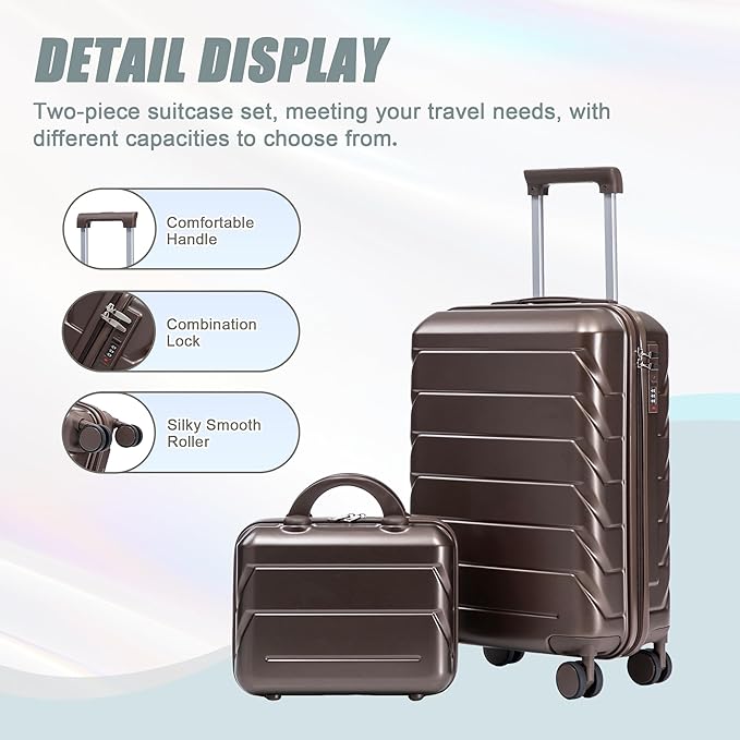 Kids Luggage Sets for Girls, 2 Piece Luggage Set, 20 Inch Rotating Wheel Suitcase with 14 Inch Cosmetic Case, Lightweight Hardshell Suitcase with 360° Spinner Wheels for Travel (Brown)