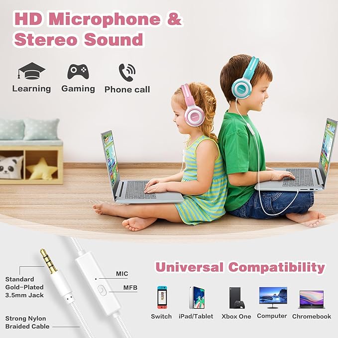 SIMOLIO Wired Headphones for Kids with Mic & Share Port, 75dB/85dB/94dB Volume Limit Children Headphone with Portable Bag for School/Travel, Stereo Sound, Tangle-Free Cord (Pink&White)