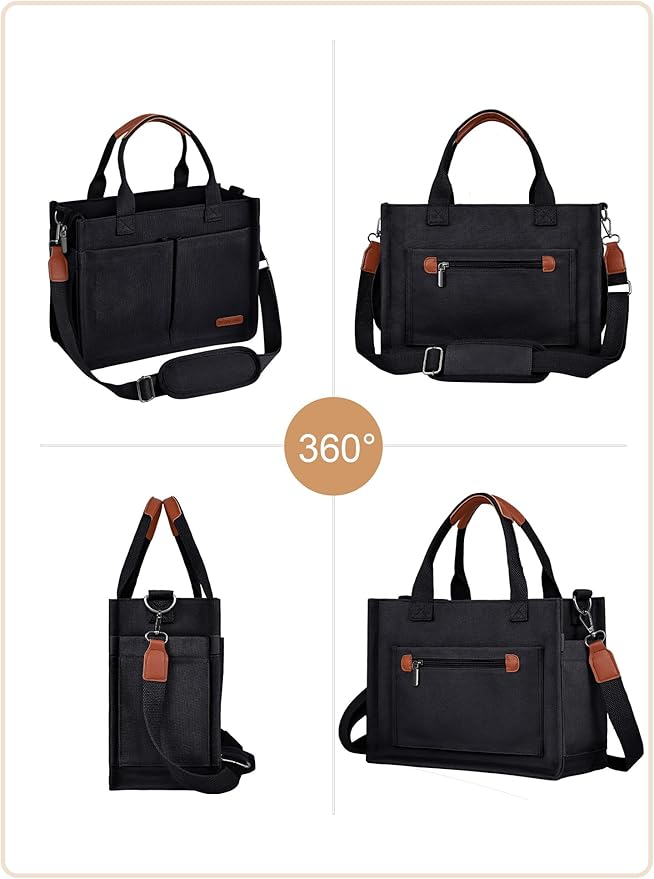 BESBESME Canvas Tote Bag for Women with Zipper & Compartments– Large Work & College Laptop Tote Crossbody Shoulder Bag