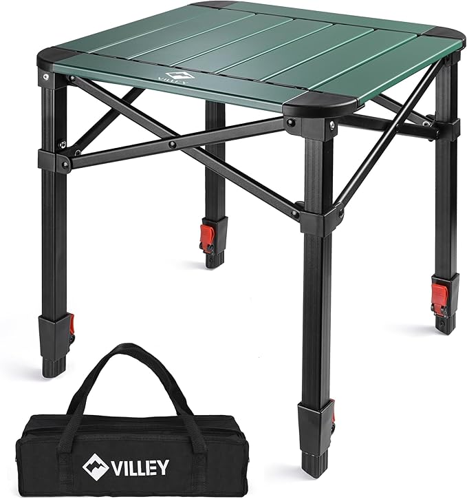 VILLEY Folding Camping Square Table with Carry Bag, Lightweight Aluminum Adjustable Square Table for Outdoor, Camping, Picnic, Backyards, BBQ, Small