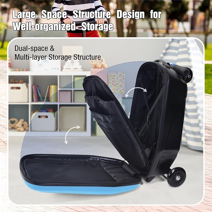 2-in-1 Ride-On Scooter Suitcase for Kids & Adults, 20” Foldable Hardshell Carry-On Luggage for Travel, Lightweight Kids Scooter Bag with Wheels