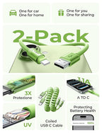 LISEN Coiled USB C Cable, 2 Pack for Android Auto & CarPlay Cable, Short USB A to USB C Cable Compatible with iPhone 17/16/15, Samsung Galaxy S25/S24/S23 A15/A14, Google Pixel 9/8, Green 4FT