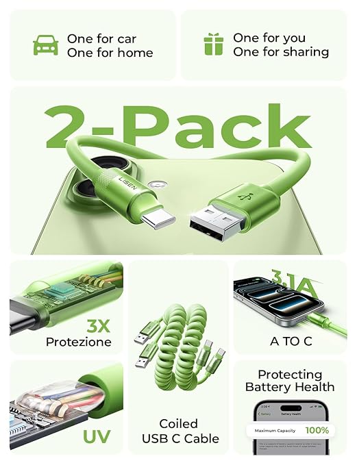 LISEN Coiled USB C Cable, 2 Pack for Android Auto & CarPlay Cable, Short USB A to USB C Cable Compatible with iPhone 17/16/15, Samsung Galaxy S25/S24/S23 A15/A14, Google Pixel 9/8, Green 4FT