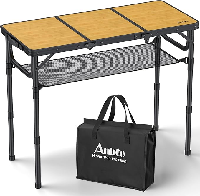 Anbte 3ft Camping Table Foldable with Storage Net and Bag, 3 Adjustable Heights High 27.5" Aluminum Camping Table Portable, for Outdoor Indoor Backyard BBQ Cooking Party Picnic Beach, Light Oak Grain