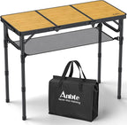 Anbte 3ft Camping Table Foldable with Storage Net and Bag, 3 Adjustable Heights High 27.5" Aluminum Camping Table Portable, for Outdoor Indoor Backyard BBQ Cooking Party Picnic Beach, Light Oak Grain