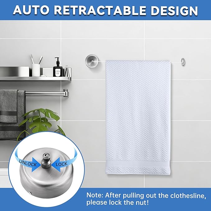 Retractable Clothesline,SUS304 Wall Mounted Clothing Line for Shower Room Bathroom Laundry (Brush Sliver)