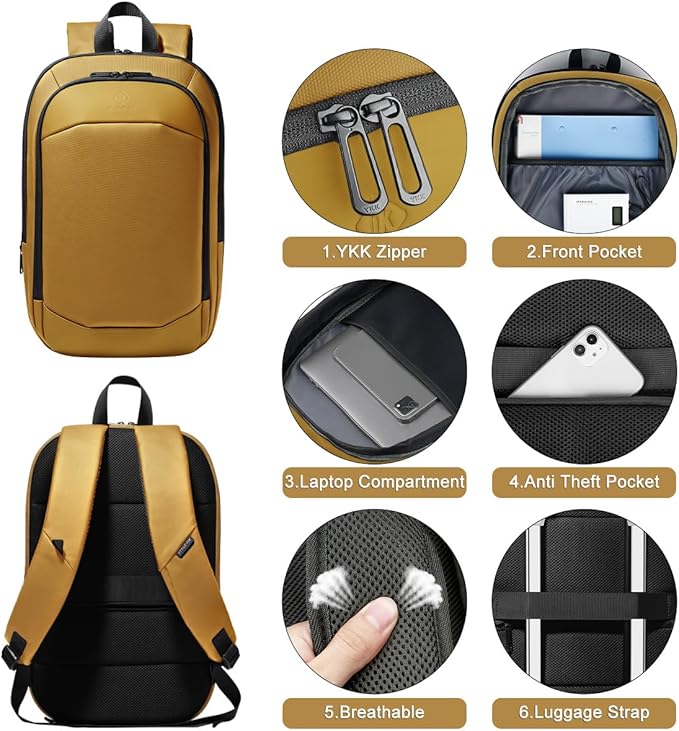 hk Business Backpack for Men 17 Inch,Slim & Expandable Waterproof Travel Laptop Backpack with USB Charger Port (Yellow)