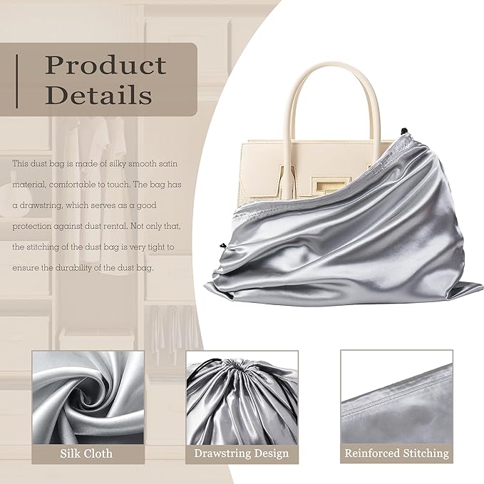 Vonty 3 Pack Silky Dust Bags for Shoes and Purses, Satin Drawstring Bag for HandBags Boots - Grey Shoe Bag Silk Dust Cover Bag Protector Travel Storage Pouch(19.6 x 15.7 In)