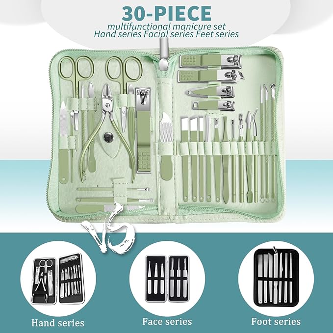 30 in 1 Manicure kit Personal Care Men's Accessories, Professional Nail Kit Pedicure Kit, Toe Nail Clippers for Men and Beauty Tools Portable Set, Travel Deluxe Beauty Tools Convenience Set(Green)
