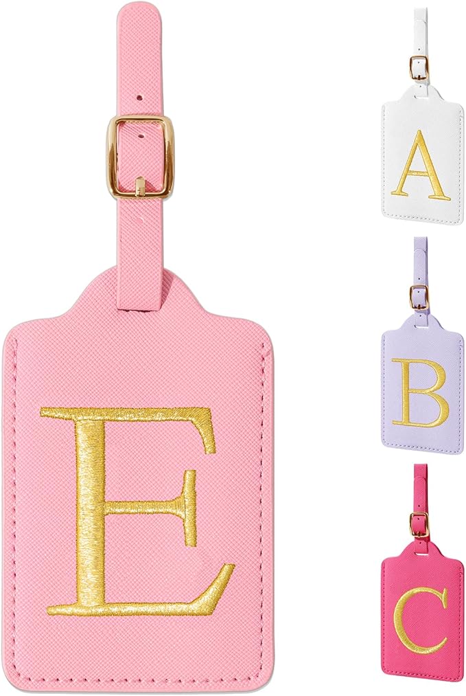 Personalized Initial Luggage Tags for Suitcase, Pink Leather Cute Luggage Tags with Privacy Cover Name Card, Embroidered Custom Monogrammed Luggage Tag Travel Bag Baggage Tags Gifts for Women Kids(E)