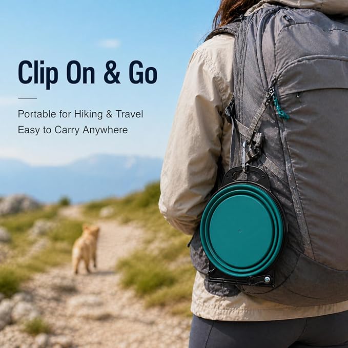Collapsible Dog Bowls with Carabiner, Double Portable Travel Pet Bowls for Food and Water, Foldable Silicone Dog Bowl for Walking, Hiking, Camping, Small Medium Dogs and Cats, Teal