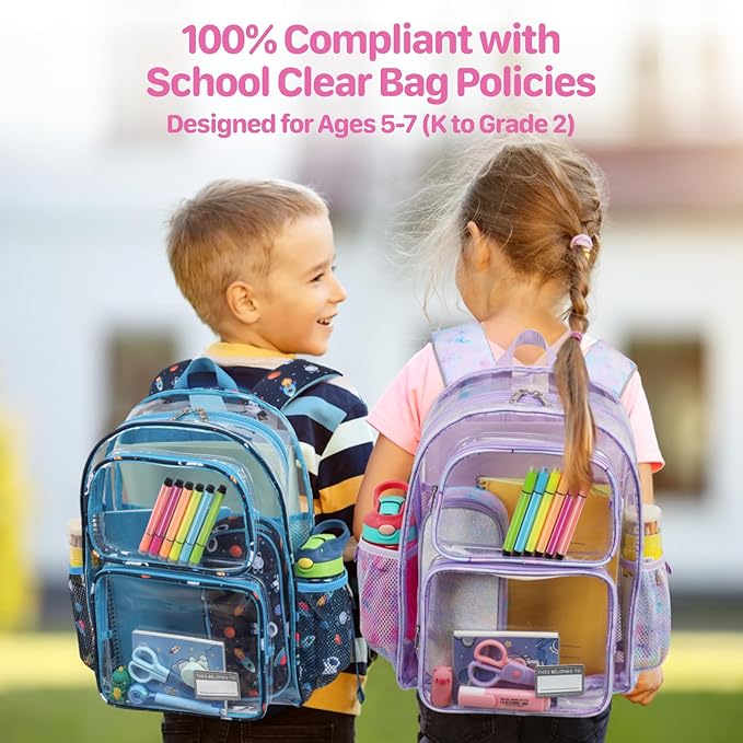 Bagseri Clear Backpack for Girls - 15 Inch Heavy Duty Kids Clear Bookbag for Kindergarten to Grade 2, Transparent School Bag with Reflective Strip, Fits Folders, Purple Tie-dye