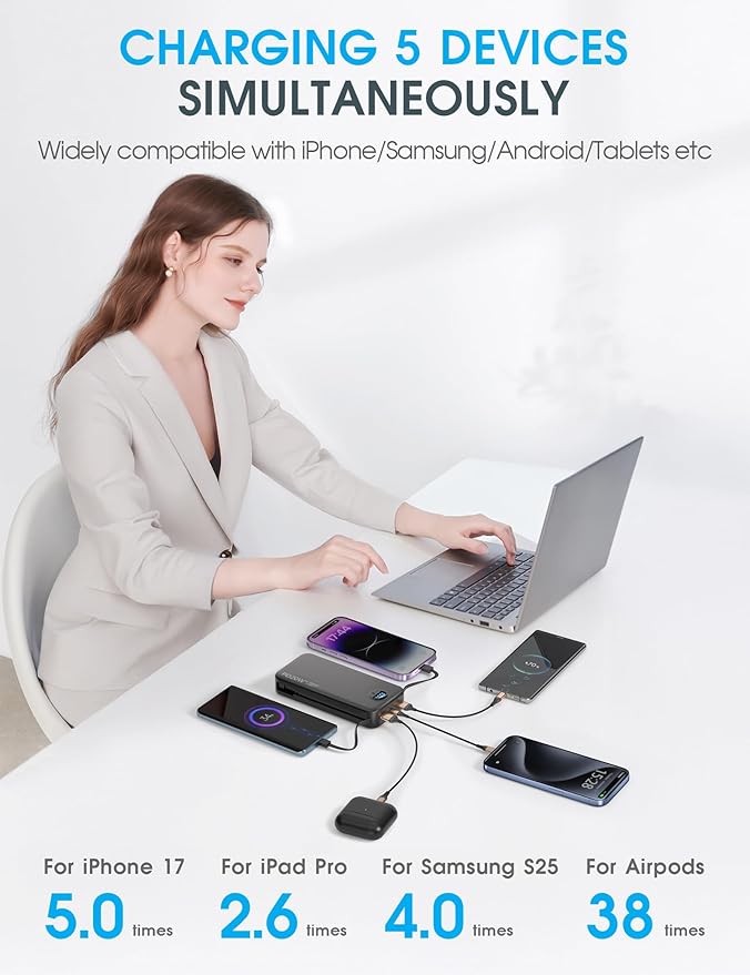 citicr Portable Charger Power Bank, 20000mAh PD20W USB C Fast Charging with Built-in Cables & Wall Plug, External Battery Bank with LED Display, Travel Essential for iPhone, iPad, Samsung Black
