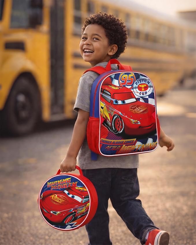 Fast Forward Lightning McQueen Boys Backpack and Lunch Box Set - 2 Piece 15 Inch School Backpack With Detachable Lunch Bag, Lightning McQueen Blue/Red