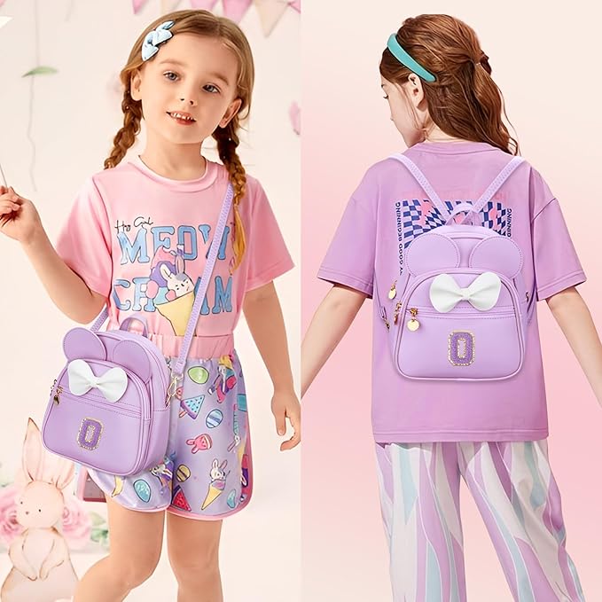KKXIU Girls Initial Bowknot Cute Mini Backpack for Toddler, Travel Small Girl Backpacks, Personalized Birthday Gifts for Little Girls and Kids(O, Purple)