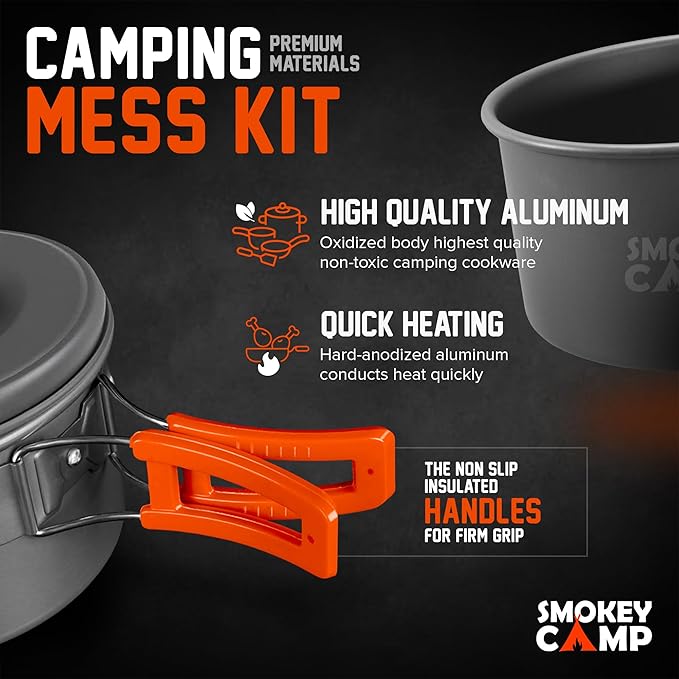 Smokey Camp Camping Cookware Mess Kit Set with Stove - Backpacking Camping Pots and Pans Set, All in One Non-Stick Camping Cooking Set, Portable Stove, Hiking, Picnic, Outdoor & Camping Cookware Set