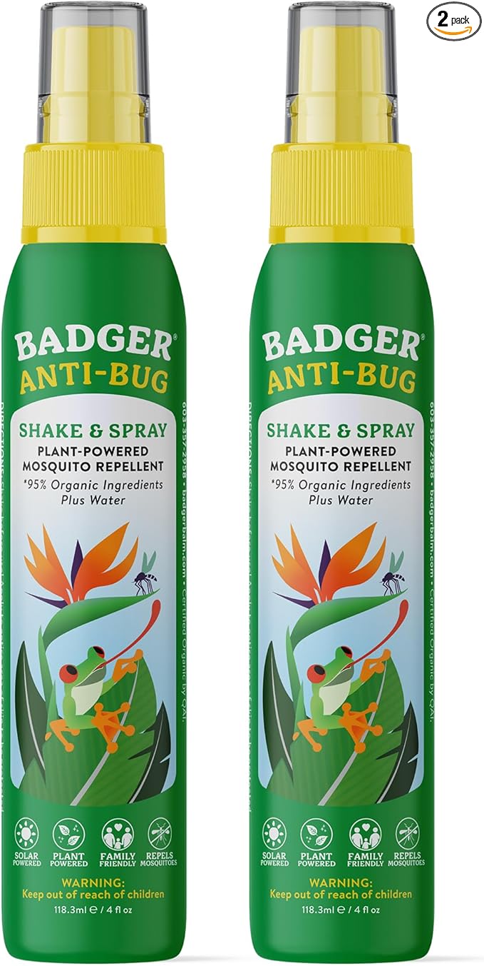 Badger Bug Spray, 3-Hour DEET-Free Mosquito Repellent, Family Friendly, Citronella & Organic Essential Oils, Natural & Vegan Insect Repellent Spray, 4 fl oz Aluminum Bottle, 2-Pack