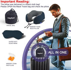 napfun Neck Pillow for Travel with Travel Pouch, Sleep Mask & Earplugs, Memory Foam Airplane Pillow for Headrest Sleep with Eyeshades, Plane Essentials with Eye Blindfold, Deep Blue Striped Kit