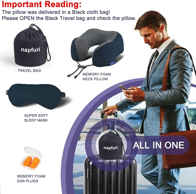 napfun Neck Pillow for Travel with Travel Pouch, Sleep Mask & Earplugs, Memory Foam Airplane Pillow for Headrest Sleep with Eyeshades, Plane Essentials with Eye Blindfold, Deep Blue Striped Kit