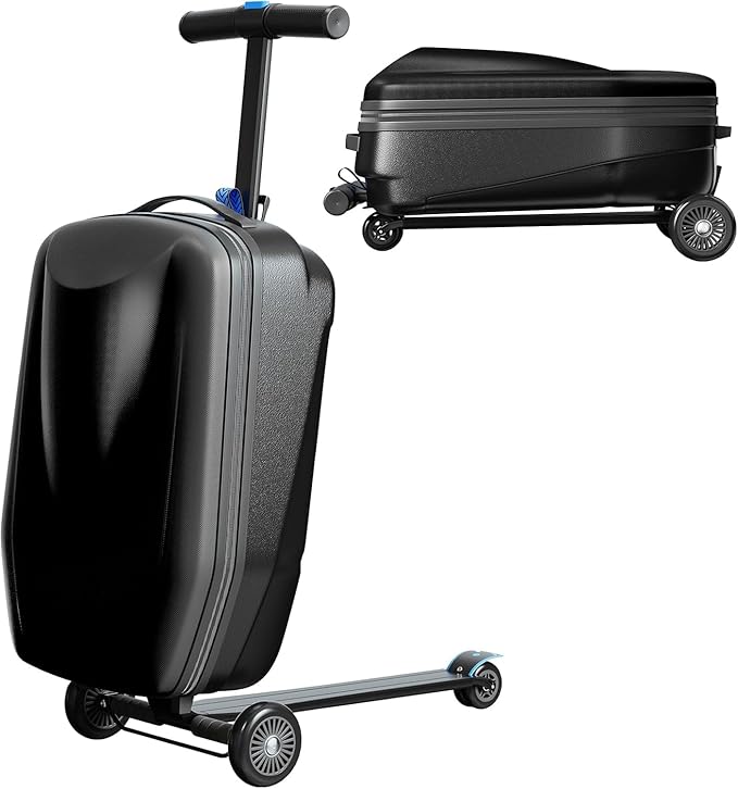 TABU 21" 3-D Hardshell Scooter Suitcase for Kid & Adult, Foldable Carry-on Scooter Luggage with Telescopic Handle, Multifunctional Lightweight Traveling Suitcase for Age 4-15, Black