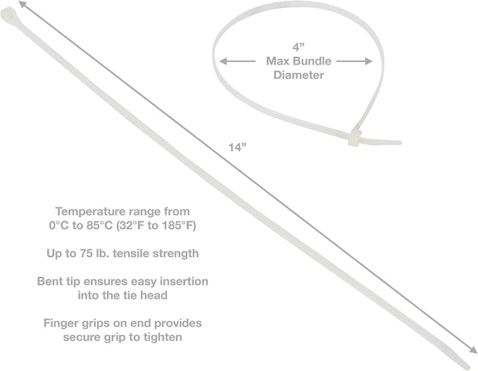 Gardner Bender 45-315 Cable Tie, 14 Inch., 75 lbs. Tensile Strength, Wire / Cord Management Industrial and Household Use, Nylon Zip Tie, 8 Pk., Natural