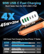 90W GaN USB C Charger Block,6-Port USB C Wall Charger Fast Charging 45W PD Power Adapter for iPhone 17Pro Max/Samsung Galaxy S24 Ultra/Tabs/MacBook Air/iPad Pro for Home Travel