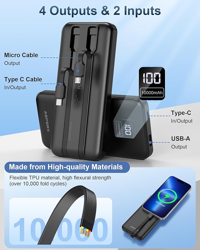 AsperX 2-Pack 10000mAh Portable Charger with Built-in Cables, USB C Travel Essential Battery Pack with 4 Outputs 2 Inputs,LED Display Power Bank with Cord Wires for iPhone Samsung Google Pixel iPad