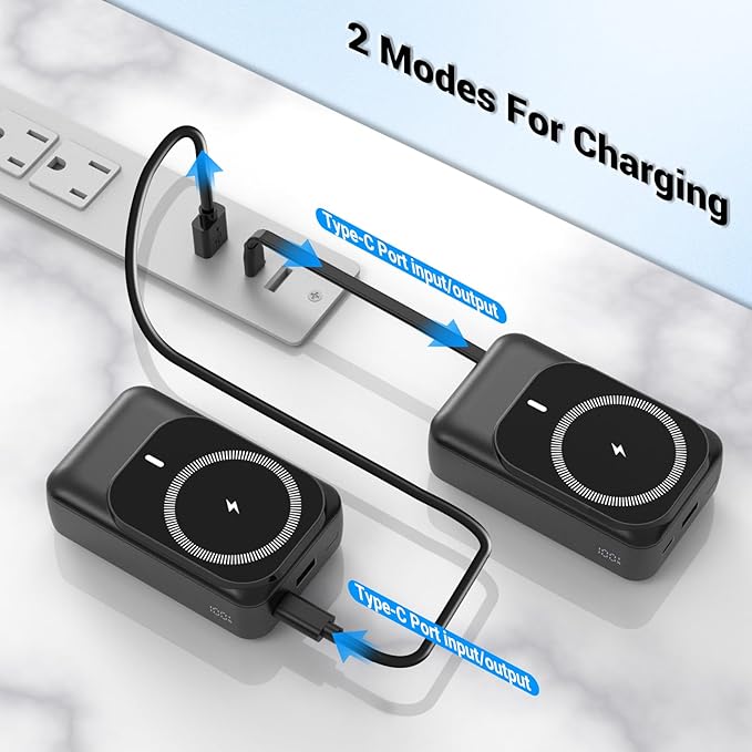 Magnetic Wireless Power Bank 26800mAh, PD 22.5W Type-C Fast Charging Portable Charger 5 Outputs, Battery Pack for Magsafe Built in 2 Cables with Stand LED Display for iPhone 17/16/15/14/13/12-Black