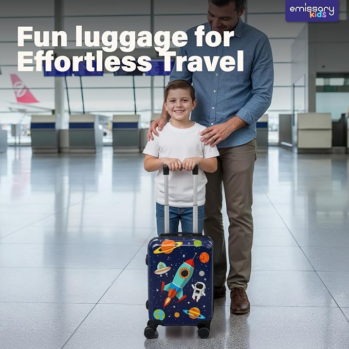 emissary 7pcs Space Boy’s Luggage Set with wheels – Rolling Luggage, Backpack, Eye Mask, Toiletry Bag, Suitcase Tag, Neck Pillow & Water Bottle – Carry Luggage for Kids & Boys with Wheels