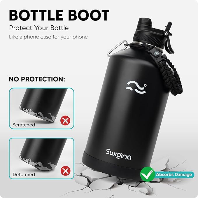 Swigina 1 Gallon Insulated Water Bottle with Silicone Boot (48hrs Cold/24hrs Hot) - DIY Stickers, Leakproof, BPA Free, 128 oz [2-IN-1 LID]