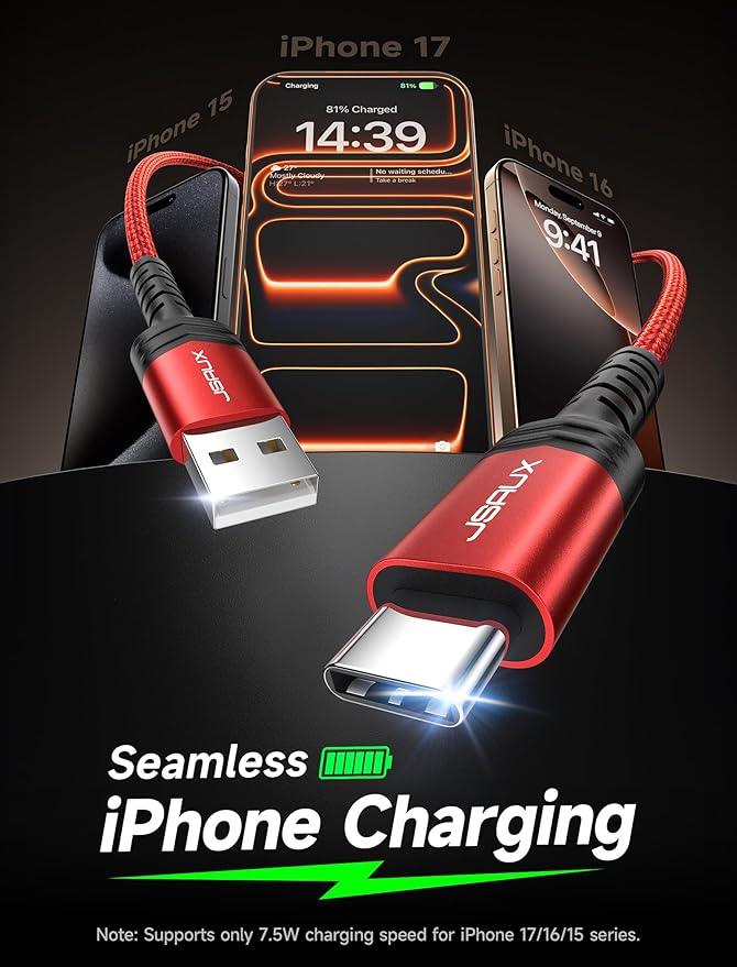 JSAUX USB C Cable [2-Pack 15ft], USB A to USB Cord Fast Charging for iPhone Air, iPhone 17, iPhone 17 Pro, iPhone 17 Pro Max, iPhone 16/iPhone 15 Series, Samsung S20 S10, Note 20 10, Car Play - Red