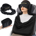 Travel Pillow and Blanket Set, Compact Airplane Pillow Bag with Eye Mask for Long Flights Sleeping, 360° Support Head Strap Travel Essentials for Plane Sleep Neck Upright, Stop Head Bodding (Black)