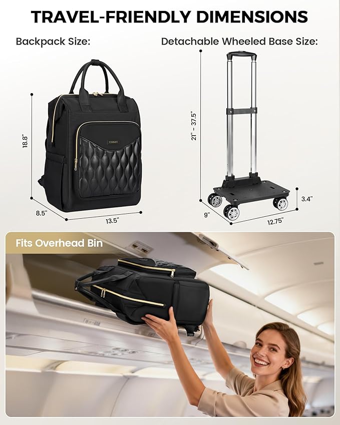 Ytonet Rolling Backpack for Women, 15.6 In Rolling Travel Backpack with 4 Spinner Wheels, Carry On Rolling Laptop Bag with Detachable Trolley, Stylish Wheeled Backpack for College Business Work, Black