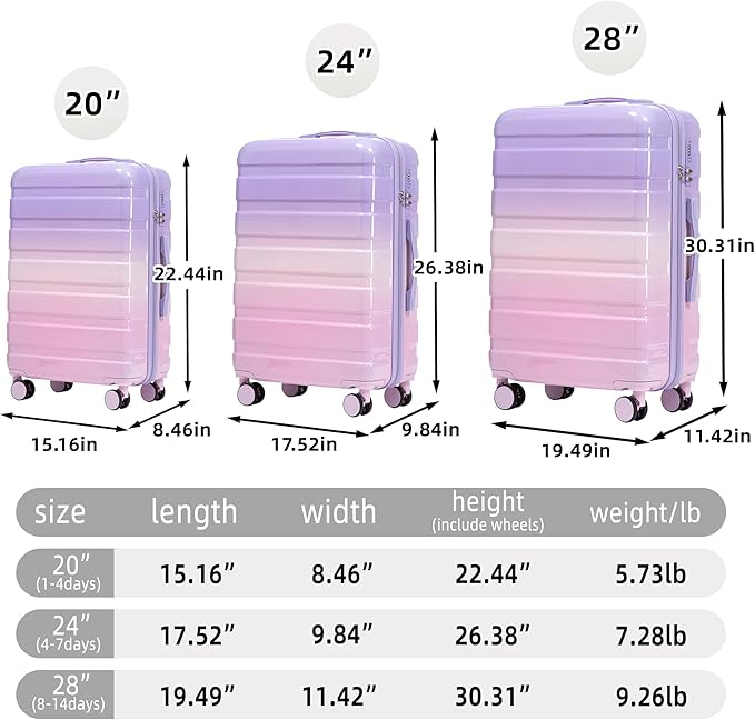 Merax Suitcase Set, Hardshell PC Luggage Sets 3 Piece with Spinner Wheels,Durable Suitcase with With Printed pattern and Combination Lock,Lightweight 20" 24" 28",Purple Pink