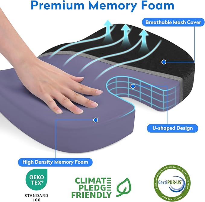 CushZone Seat Cushion, Office Chair Cushions, Car Seat Cushion, Non-Slip Sciatica & Back Coccyx Tailbone Pain Relief Chair Pad, Memory Foam Pillow for Computer Desk, Wheelchair, Driving(Black)