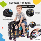 smilesun 20" Ride-On Suitcase for Kids, Cute Pattern, Lightweight Hardshell Carry-On Luggage with Double Spinner Wheels, TSA Lock for Boys & Girls（Black）