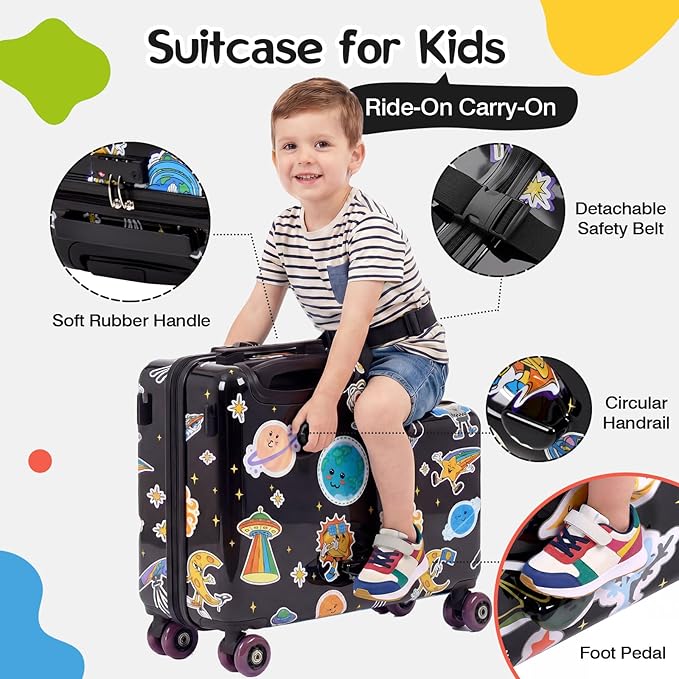 smilesun 20" Ride-On Suitcase for Kids, Cute Pattern, Lightweight Hardshell Carry-On Luggage with Double Spinner Wheels, TSA Lock for Boys & Girls（Black）