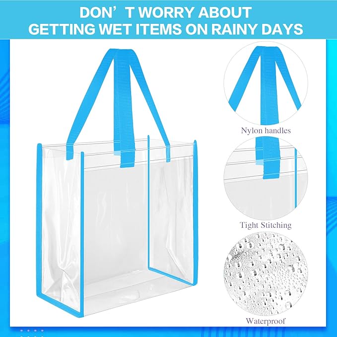 Eccliy 30 Pack 12x12x6 Inch Clear Tote Bag Stadium Approved Bulk Plastic Beach Tote Gift Bag with Handle for Gym Sports | 30 Pack, 12x12x6 Inch, Stadium Approved, Bulk, with Handle, Tote Gift Bag