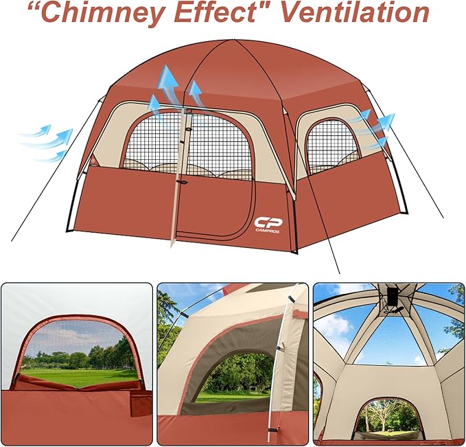 CAMPROS CP Upgraded 6/8 Person Camping Tents, Waterproof Windproof Family Tent with Larger Mesh Windows & Door, Double Layer, Easy Set Up, All-Season Dome Tent with Top Rainfly & Carry Bag