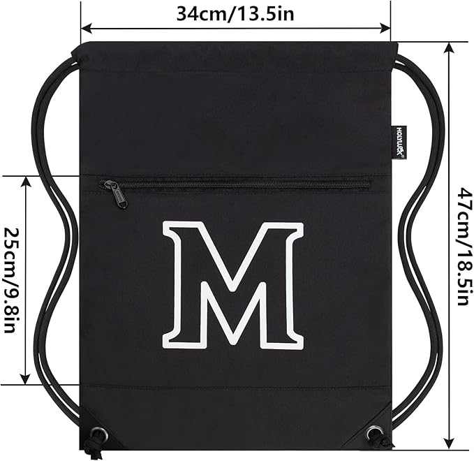 HOLYLUCK Drawstring Bags Initial Backpack Sackpack Cinch Bags for Sports, Gym, Travel, Beach (Black-M)