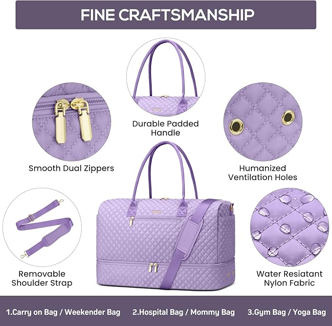 Travel Weekender Duffle Bags for Women - Large Carry On Bag with Shoe Compartment Overnight Bag with Toiletry Bag Duffel Bags with Wet Pocket for Gym Hospital Bags for Labor and Delivery Light Purple