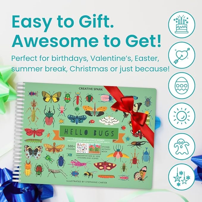 Cupkin Hello Bugs Sticker Book Activity for Kids, Toddler Airplane Travel Essentials, 500+ Bugs Stickers for Kids + 12 Scenes + 12 Coloring Book Pages, Bug Lover Gift, Children's Crafts Ages 2–8 Years