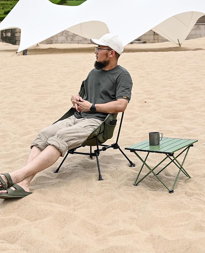 iClimb Ultralight Compact Camping Folding Beach Chair with Anti-Sinking Large Feet and Back Support Webbing (Green- Square Frame)