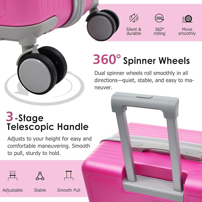 Luggage Sets 3 Piece with Double Spinner Wheels, Carry on Hardshell ABS Suitcases Set with TSA Lock, Lghtweight Checked Luggage for Different Travelling (Pink, 20"/24"/28")
