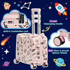 Kids Ride-On Suitcase with Cute Ears, DIY Graffiti Coloring Design, 20" Carry-On Luggage with 4 Spinner Wheels, Pull Rope & Combination Lock – Rideable Travel Case for Toddlers & Children(Pink)